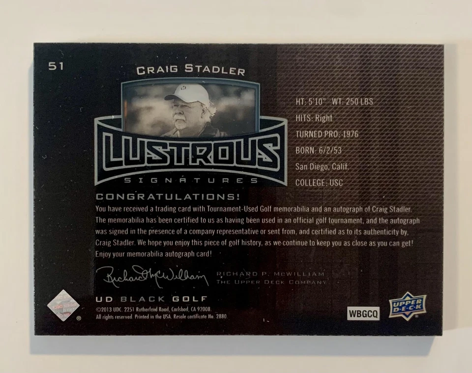2014 Upper Deck Exquisite Craig Stadler AUTO #/50 Black Lustrous Signatures SP - Image 2 of 2