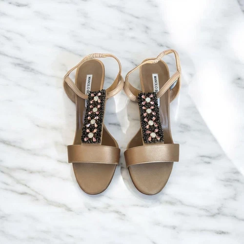 MBT Manolo Blahnik Mules sandali tacco pelle perline beige EU37.5 US7.5 58592c