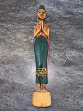 Vintage Thai Sawasdee Lady Woman Welcome Statue Figurine Hand Carved Wood