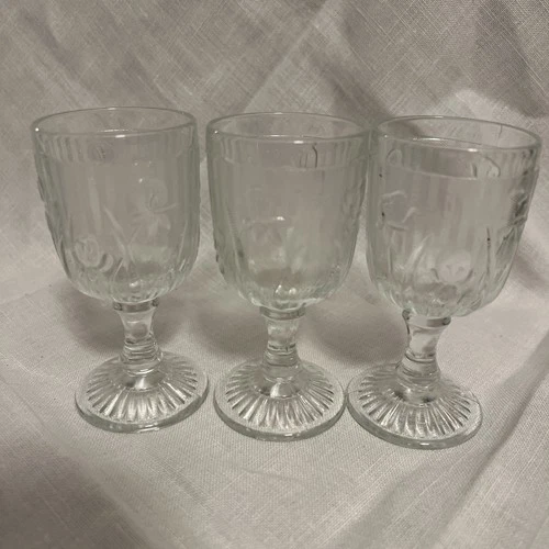 Set Of 3 Jeanette Iris & Herringbone Clear Glass Goblets Wine Water 4.25”