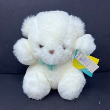 Eden White Teddy Bear Plush Fuzzy 8" Seated Aqua Rope Bow VTG Lovey 1985 Tags