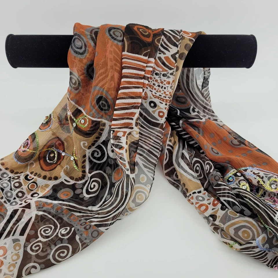 Acessório de moda transparente estampa abstrata cachecol enfeitado marrom laranja branco - Imagem 2 de 4