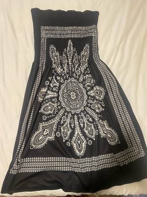 VENUS Black/White Paisley Strapless Smocked Long Dress Plus Size 1X
