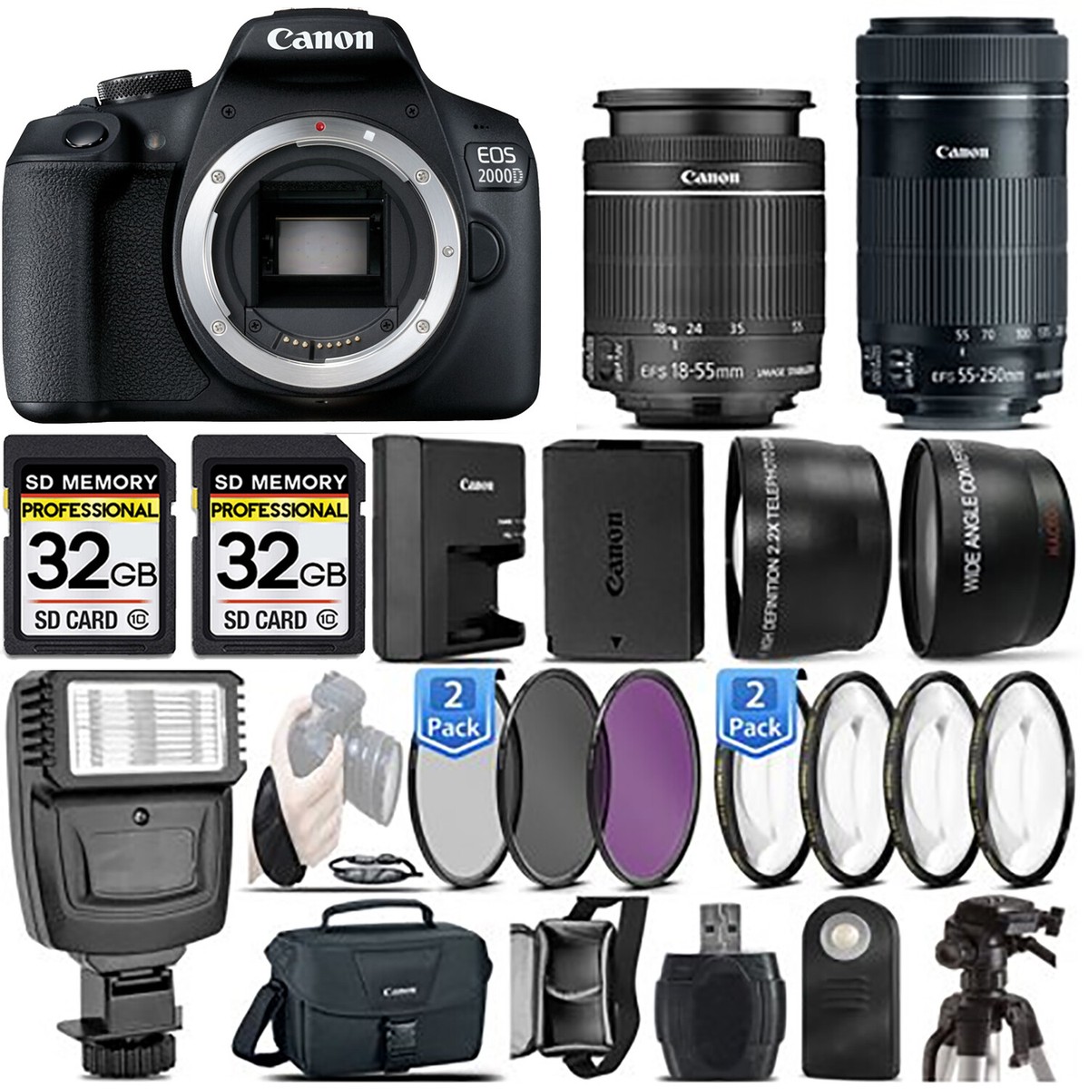 Canon EOS 2000D (Rebel T7) DSLR Camera + 18-55mm STM + 55-250mm