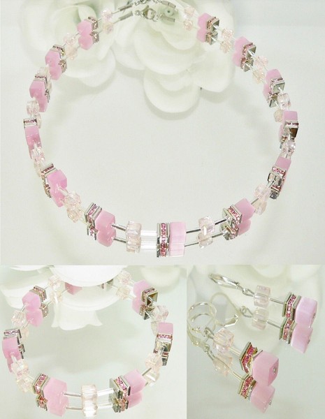 3Er Schmuckset WüRfel Cat Eye Rosa Kristall Glas Klar Rose Ab Strass Farbig 507F-image