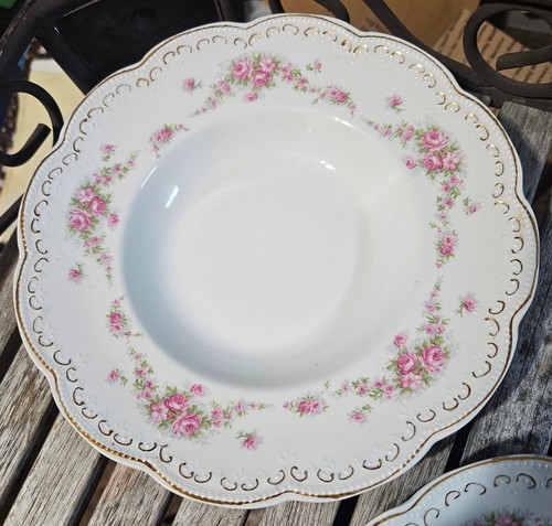 Antique Wedgwood & Co Ld Pink Rose Bouquet Soup Salad Bowls Plates 9" Gold Acce - Picture 3 of 14