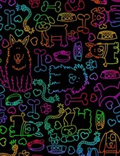 Animal Fabric - Rainbow Dog Collar Paw Outlines Black - Timeless Treasures YARD