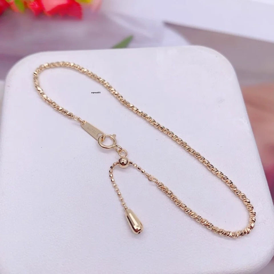 1PC Pure 18K Yellow Gold Chain Women 1.6mm Carved Beads Link Adjustable Bracelet - Image 2 of 4