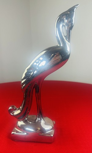 Retro Decor Heron Ceramic Bird Figurine Art Deco 1930s MCM Silver / Chrome