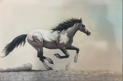 White horse in gallop realistic oil painting on canvas 24x36”