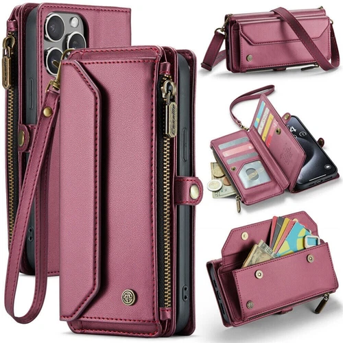 For iPhone 16 15 14 13 12 Pro Max Plus Case Wallet Leather ZIP Bag Strap Cover - Picture 13 of 84