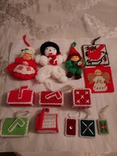 Vintage lot of 13 Christmas Ornaments Hand Made Needlepoint Plastic  Other