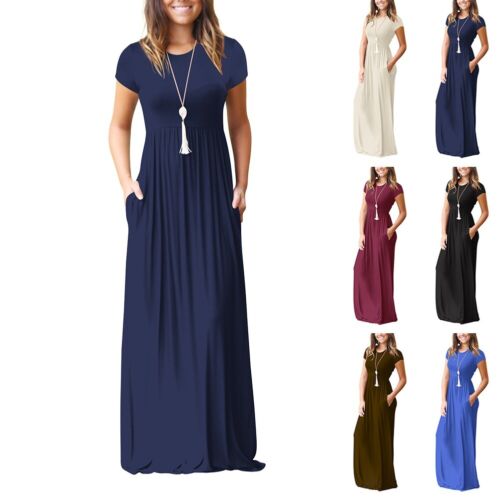Casual Party Dress for Women Solid Color O Neck Short Sleeve with Pockets - Picture 1 of 23