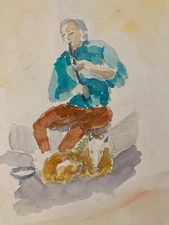 Beautiful Watercolor Painting Orientalist Portrait Georges Massa Goat Flute