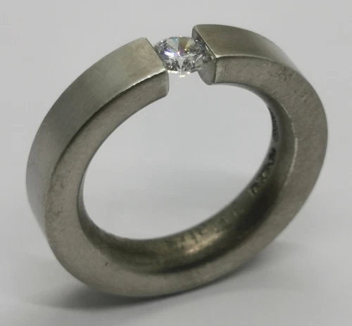 Vtg 1980s Niessing Flat Tension Ring 925 Sterling Silver 0.35ct Crystal UK Sz O