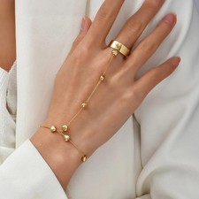 Gold Tone Chain Bracelet with Finger Ring Link Hand Harness Jewelry Women 1 Pc