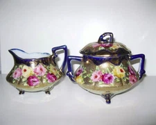 Antique Floral Roses Moriage 3 Footed Sugar & Creamer 1900s Hand Painted Cobalt