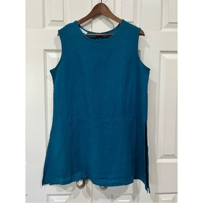 Bryn Walker Teal Linen Sleeveless Tunic Top with Side Slits Womens M
