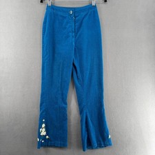 Vtg Floral Daisy Embroidered Corduroy Flare Leg Pants XS Blue Talon Zip No Tags
