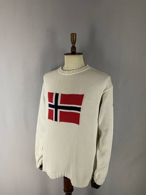 Napapijri Mens Knit Sweater Size L White Cotton Long Sleeve Crew Neck Pullover