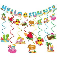 Hello Summer Banner with Tropical Beach Pool Splash Bash Banner, Summer Party...