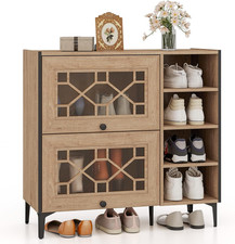 Shoe Cabinet Wooden Storage Unit Flip Doors Adjustable Shelves Entryway Natural