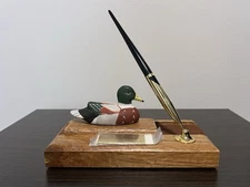 Vintage Solid Oak Desk Set With Ceramic Duck Paperweight