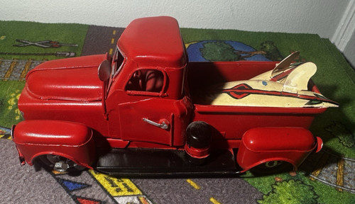 Vintage Style Rolling Metal Red Pickup Truck & Surfboards 7x3 Inch Collectible