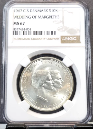 1967 DENMARK SILVER 10 KRONER WEDDING OF MARGRETHE NGC MS 67 BEAUTIFUL TOP POP