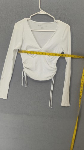 Camisa American Eagle para mujer mediana blanca acanalada acanalada corbata lateral manga larga corta - Imagen 10 de 17