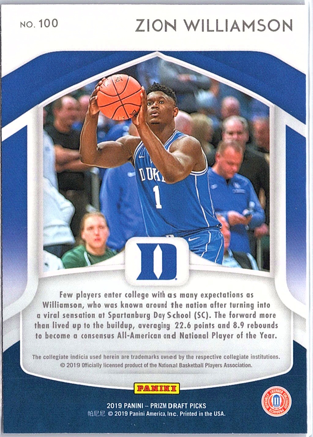 2019 Panini Prizm Draft Picks #100 Zion Williamson