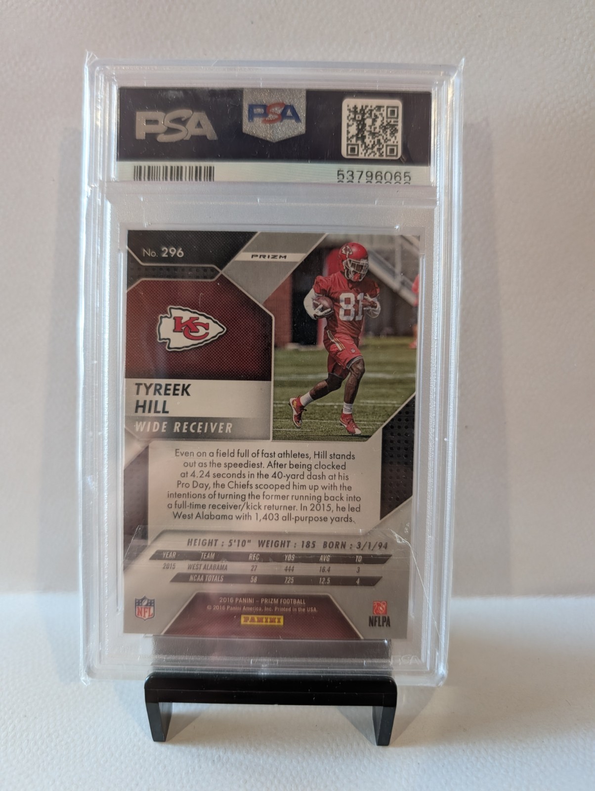 Panini 2016 Prizm Tyreek Hill Rookie #296 Silver Prizm PSA 9 Chiefs view 2