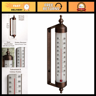 Outdoor Thermometer Dual Fahrenheit Celsius - 10-Inch Garden Tube Gauge, Bronze
