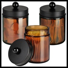 Amber Glass Qtip Holder Dispenser with Metal Lid - Vanity Bathroom Organizer