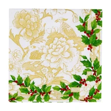 NEW Caspari Cocktail Napkin Set Holly Ceramic Ivory/Gold 25x25cm 20pce
