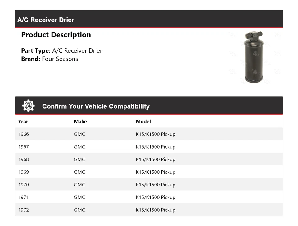 Secador receptor aire acondicionado camioneta GMC K15/K1500 1966-1972 4 estaciones 1967 1968 1969 Foto 2 de 4