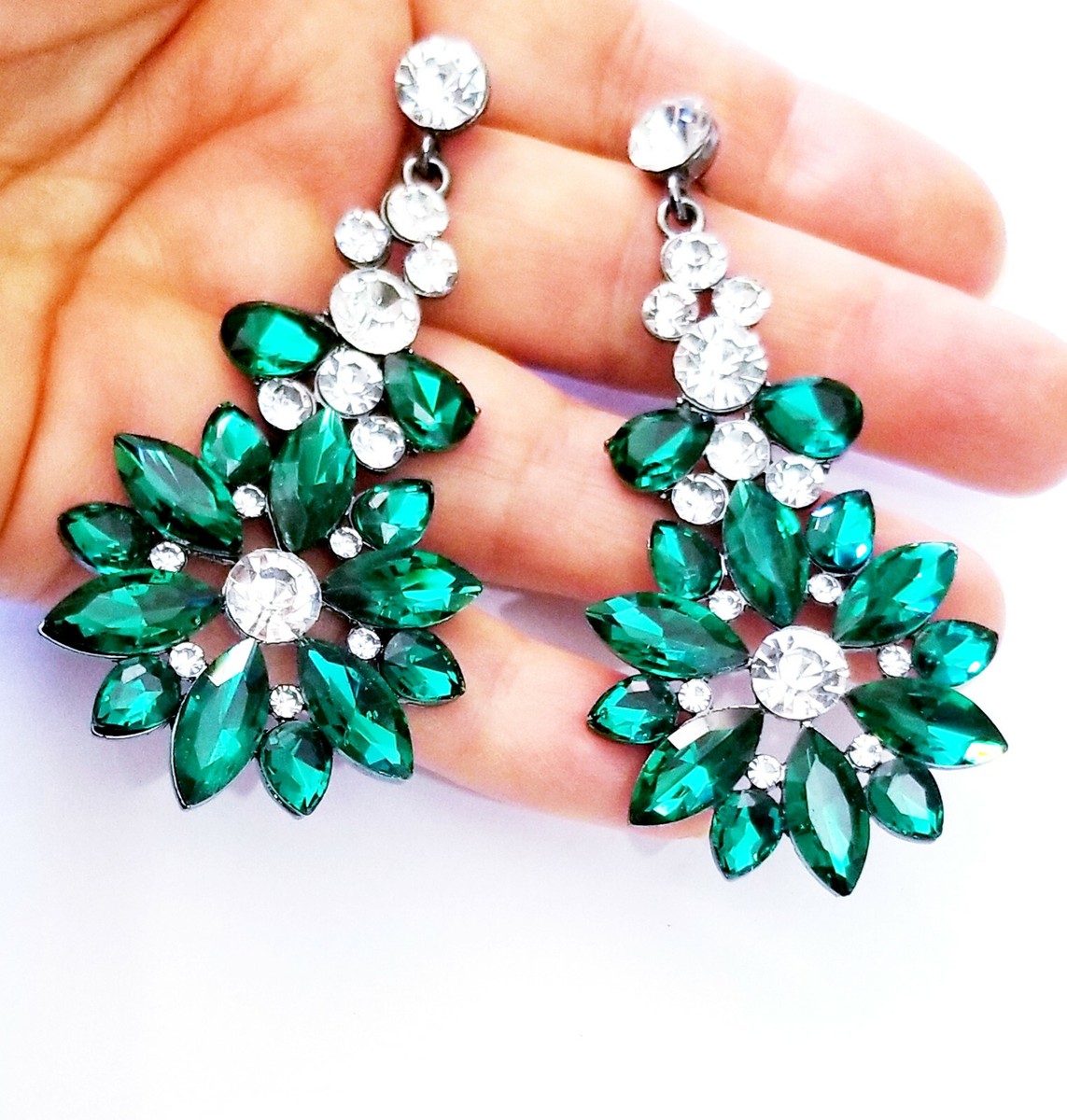 Rhinestone Chandelier Pageant Earrings Green inch