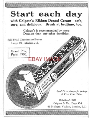 Toothpaste Ribbon 1921 Advert COLGATE Ribbon Dental Cream Toothpaste Small Antique Print ...