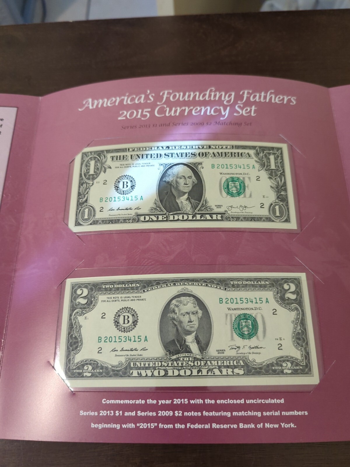 2015 America's Founding Fathers Currency Set Matching Serial Number 1