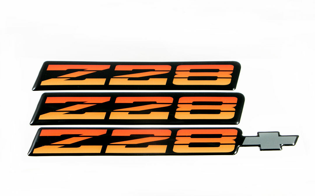 82-84 Camaro Z28 OEM Tri Color Red/Orange Rocker Emblem Set