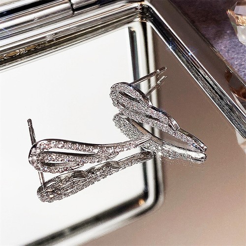 Women Cubic Zircon Wedding Stud Earring Adorable 925 Silver Feather Jewelry - Picture 2 of 7