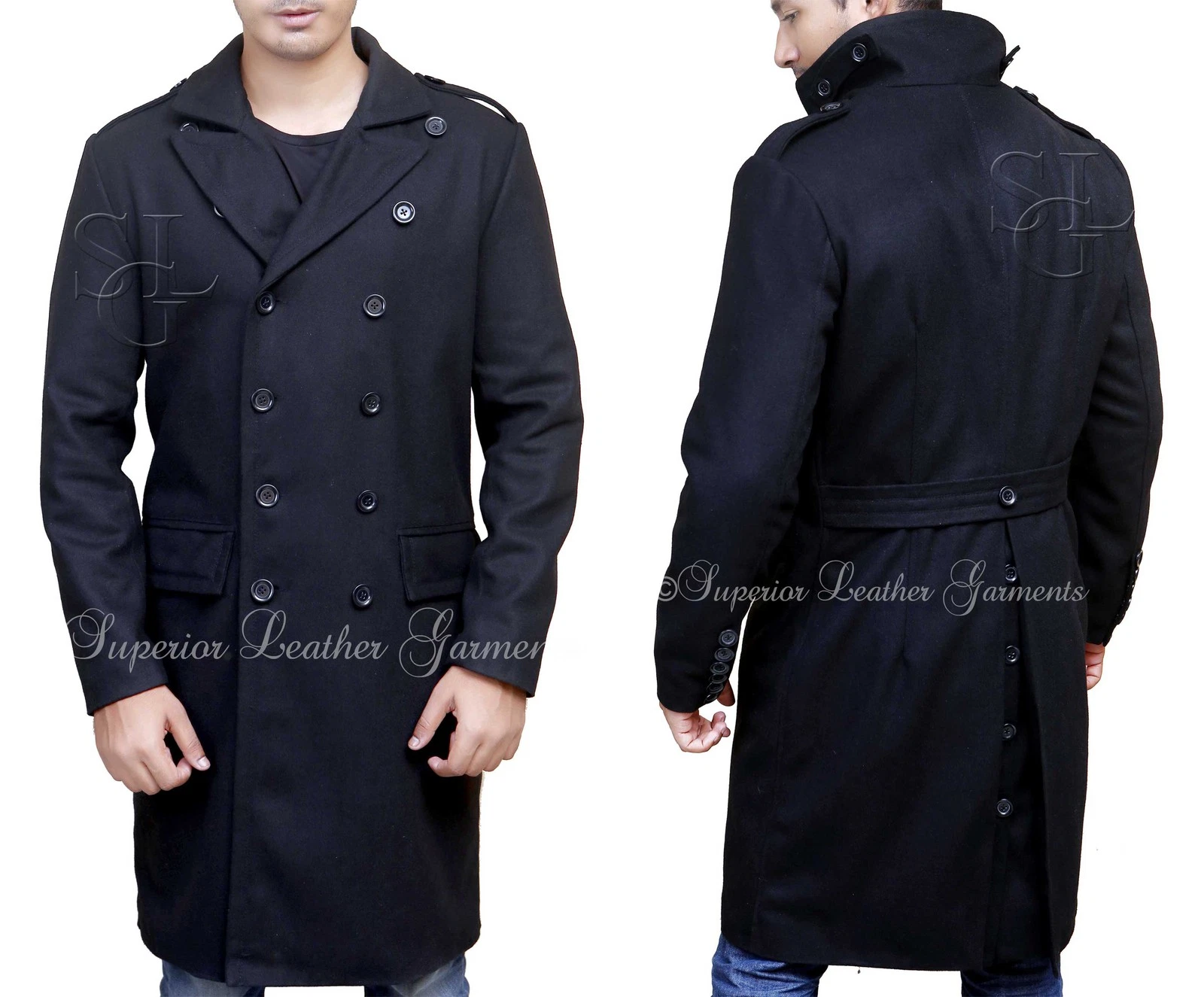 Men's Pea Coat Casual Woolen Trench Coat - Double Breasted Black New Long Jacket
