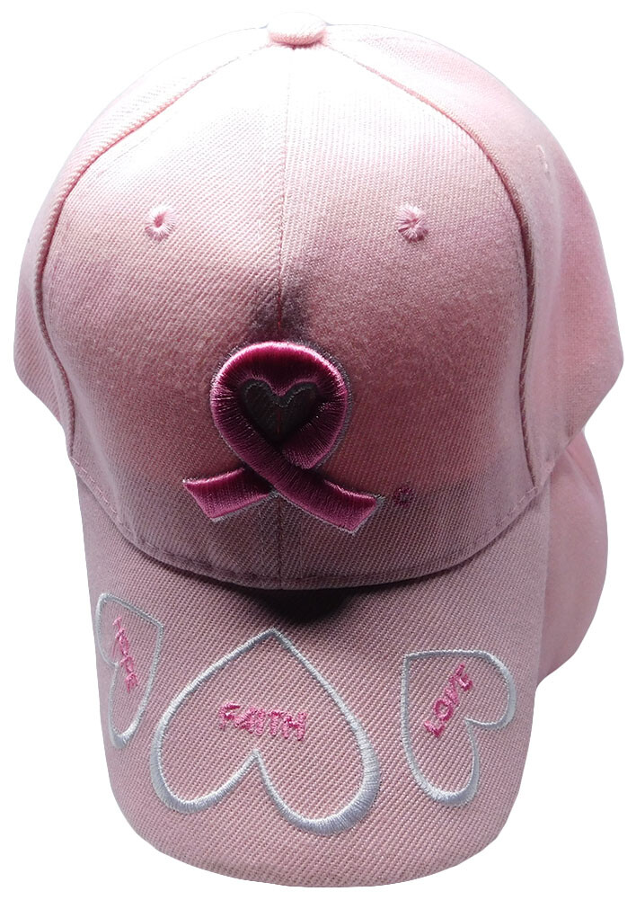 Breast Cancer Awareness Pink Ribbon Hat - Embroidered 'Hope Faith Love' With 3 Hearts, Adjustable Baseball Cap