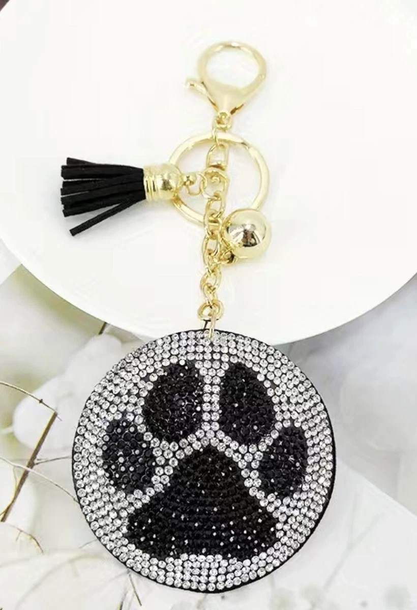 Black Silver Rhinestone Dog Cat Paw Print Purse Charm Keychain Bell Tassel NEW