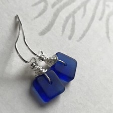 Min Favorit Cobalt Blue Sea Glass Square  Silver Pl Artisan Earrings Petite 