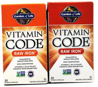 Garden of Life Vitamin Code RAW Iron Supplement 30 Vegan Capsules Pack of 2 