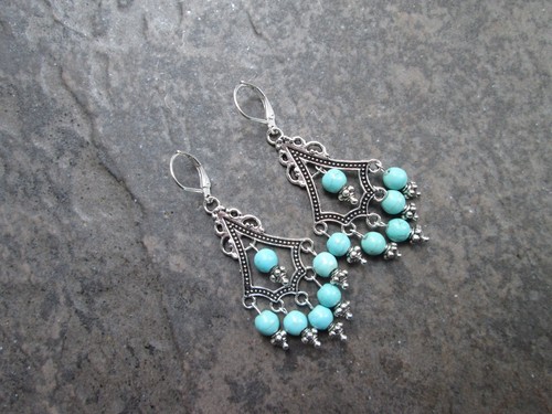Orecchini lampadario turchese boho chic con fondello a leva in argento sterling - Foto 3 di 5
