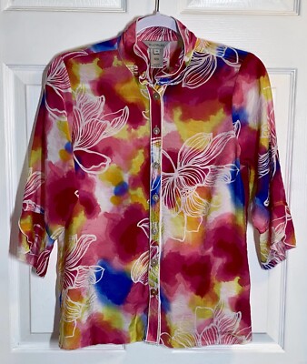 Multiples Top Small Petite Wire Collar Colorful Floral Spring Blouse Artsy