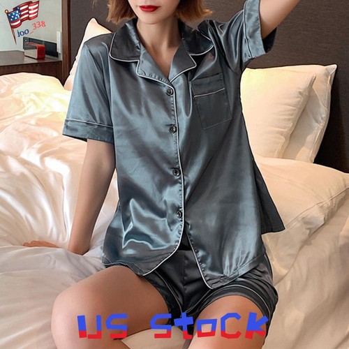 Women Satin Silk Pyjamas PJs Set Ladies Short Sleeve Button Nightwear Sleepwear - Picture 24 of 27