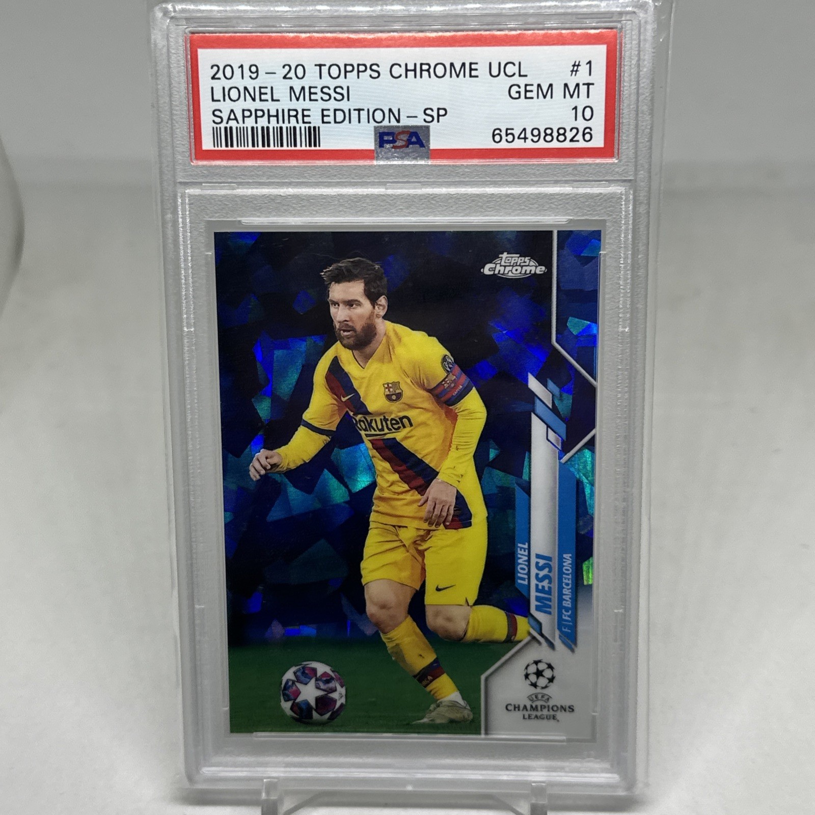 2019-20 Topps Chrome UCL Lionel Messi Sapphire SP PSA 10